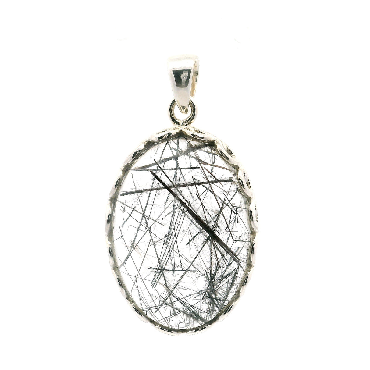 Black Tourmalated Quartz Oval Pendant in Fancy Looped Bezel of 925 Sterling Silver