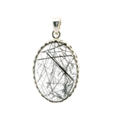 Black Tourmalated Quartz Oval Pendant in Fancy Looped Bezel of 925 Sterling Silver
