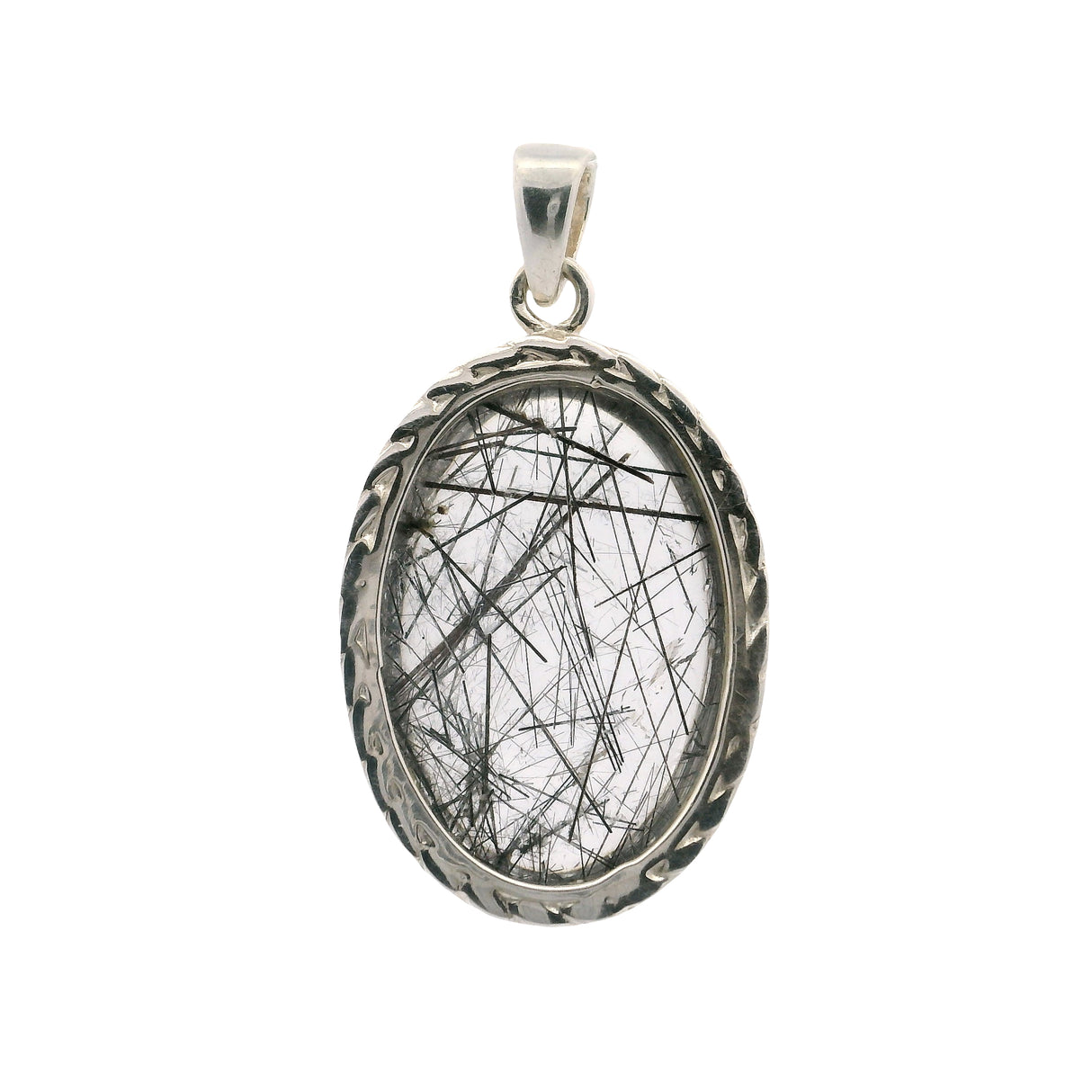 Black Tourmalated Quartz Oval Pendant in Fancy Looped Bezel of 925 Sterling Silver