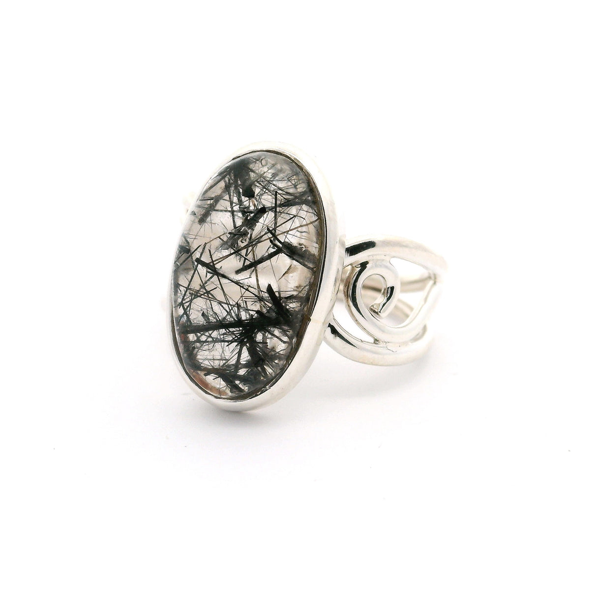 Black Tourmalated Quartz Oval Ring Bezel Set in Open Swirled Band of 925 Sterling Silver sz7