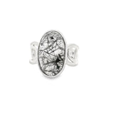 Black Tourmalated Quartz Oval Ring Bezel Set in Open Swirled Band of 925 Sterling Silver sz7