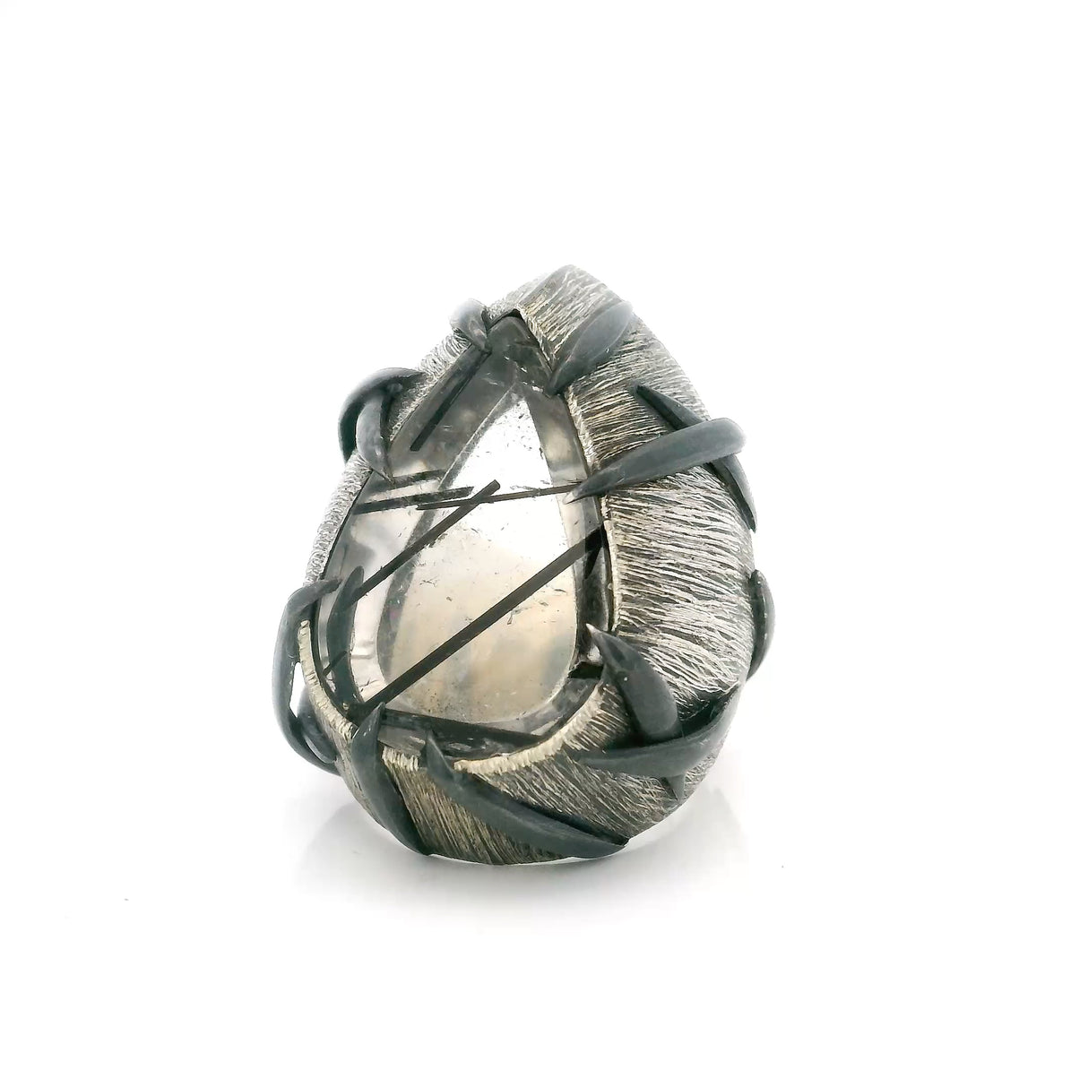 A+ Clarity Tourmalated Quartz Ring - Flat Cabochon Bezel Set in Brushed Silver Charcoal X Designs - Hair
