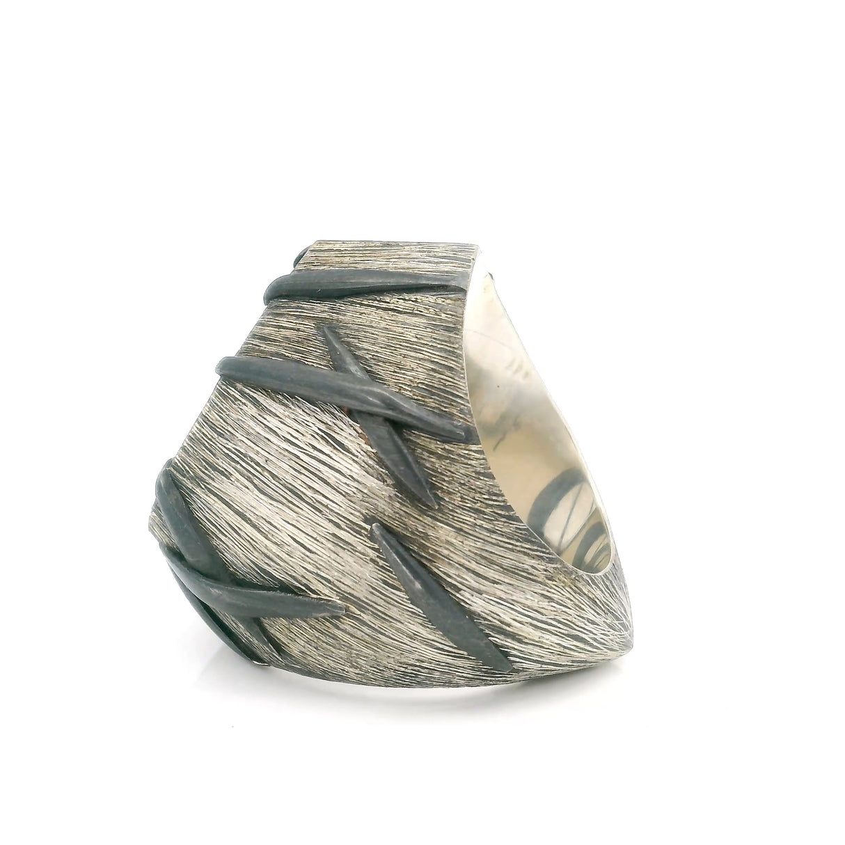 A+ Clarity Tourmalated Quartz Ring - Flat Cabochon Bezel Set in Brushed Silver Charcoal X Designs - Hair