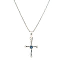 Faceted 2mm Faceted Round Gemstone Cross Pendant with Spheres on Box Chain with Rhodium Plating