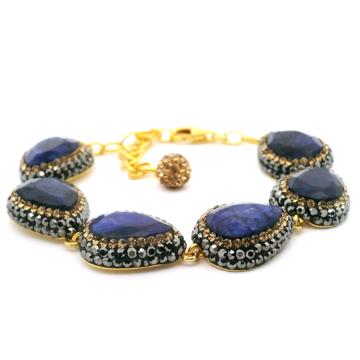 Blue Sapphire Link Bracelet - 6 Pears Faceted With Marcasite & Gold Swarovski Crystals & Gold Overlay