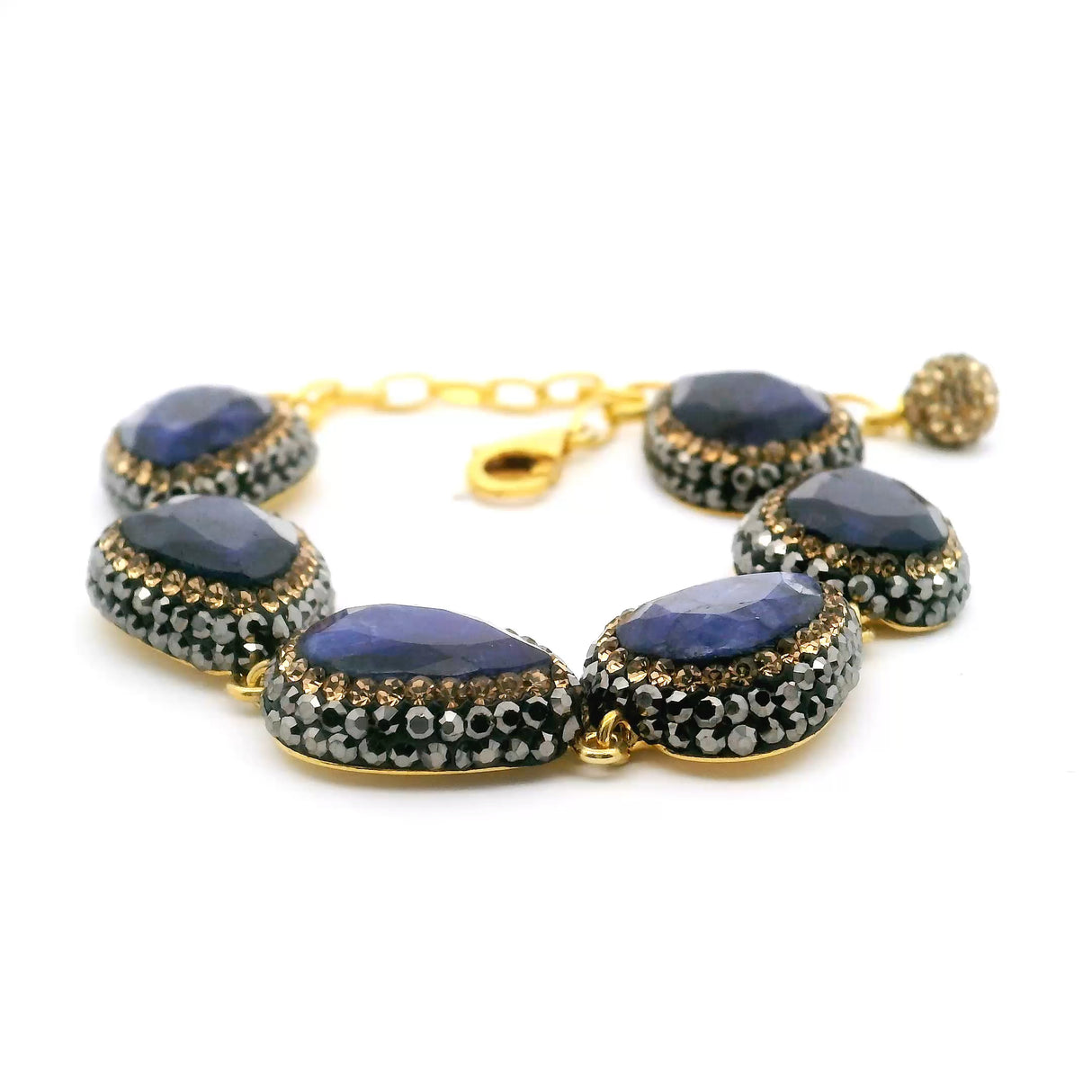 Blue Sapphire Link Bracelet - 6 Pears Faceted With Marcasite & Gold Swarovski Crystals & Gold Overlay