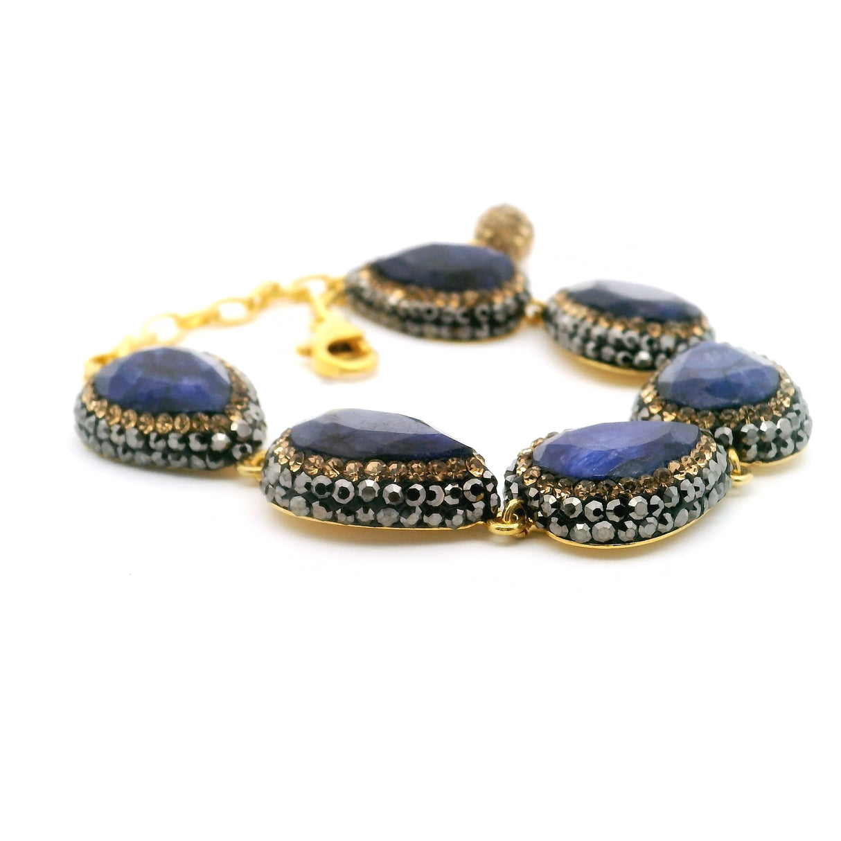 Blue Sapphire Link Bracelet - 6 Pears Faceted With Marcasite & Gold Swarovski Crystals & Gold Overlay