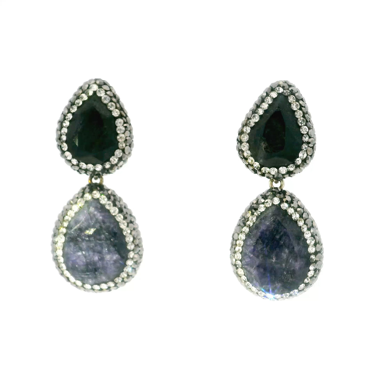 Faceted Blue Sapphire Dangle Earrings On-post - 2 Pears With Marcasite & Silver Crystal Pave Bezels