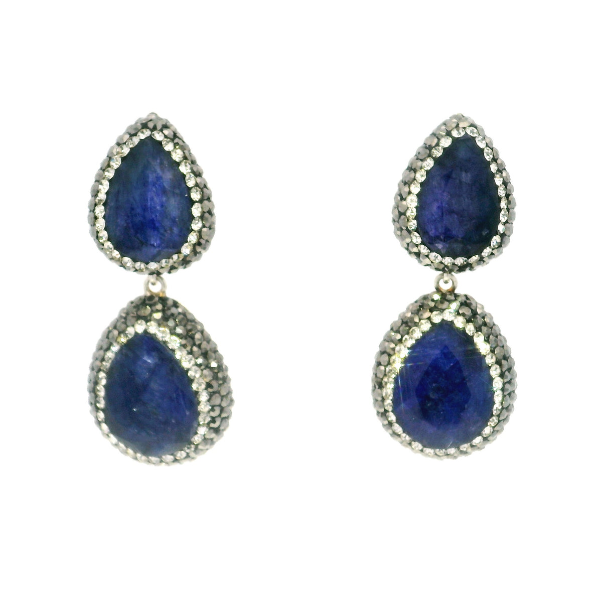 Faceted Blue Sapphire Dangle Earrings On-post - 2 Pears With Marcasite & Silver Crystal Pave Bezels