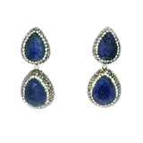 Faceted Blue Sapphire Dangle Earrings On-post - 2 Pears With Marcasite & Silver Crystal Pave Bezels