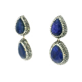 Faceted Blue Sapphire Dangle Earrings On-post - 2 Pears With Marcasite & Silver Crystal Pave Bezels