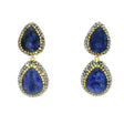 Blue sapphire dangle earrings with two faceted teardrop pears framed in gold and marcasite crystals