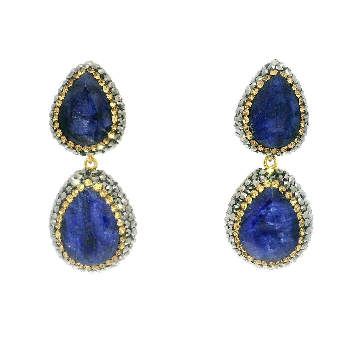 Blue sapphire dangle earrings with two faceted teardrop pears framed in gold and marcasite crystals