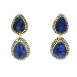Blue sapphire dangle earrings with two faceted teardrop pears framed in gold and marcasite crystals