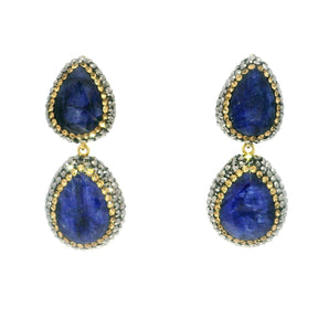 Blue sapphire dangle earrings with two faceted teardrop pears framed in gold and marcasite crystals