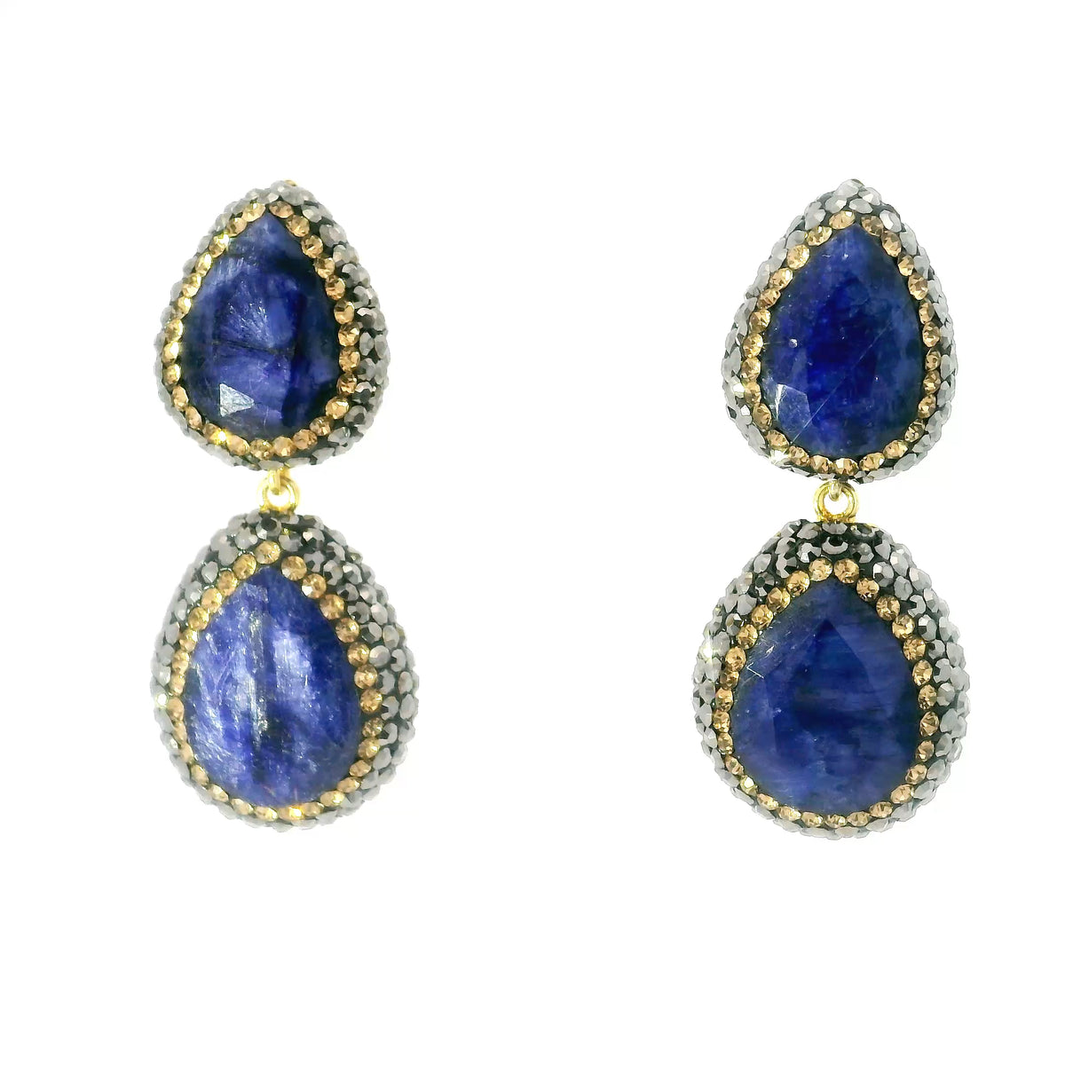 Blue sapphire two-pear dangle earrings edged with gold and gunmetal crystal pave, front view