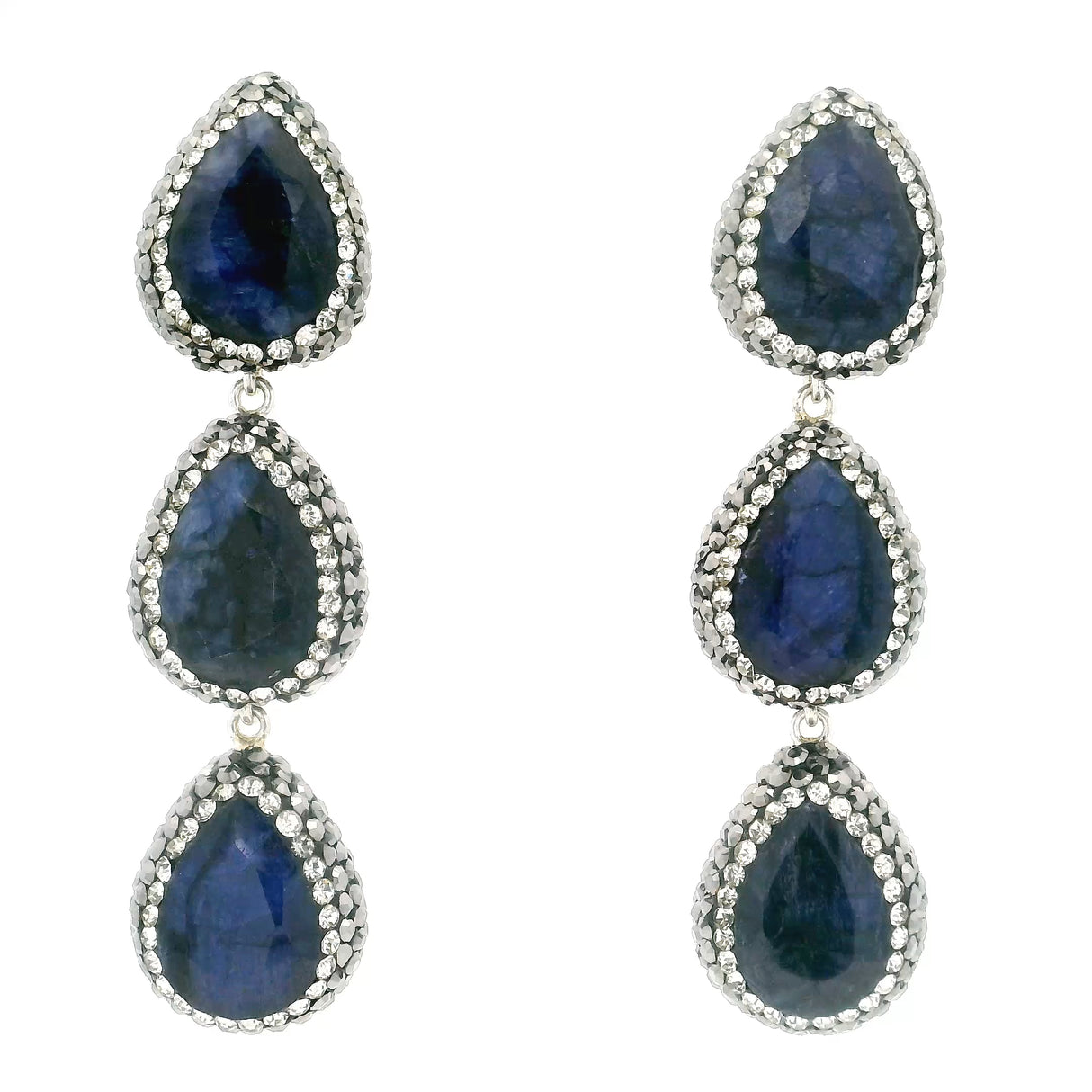 Blue Sapphire Dangle Earrings On-post - 3 Faceted Pears With Marcasite & Silver Crystals