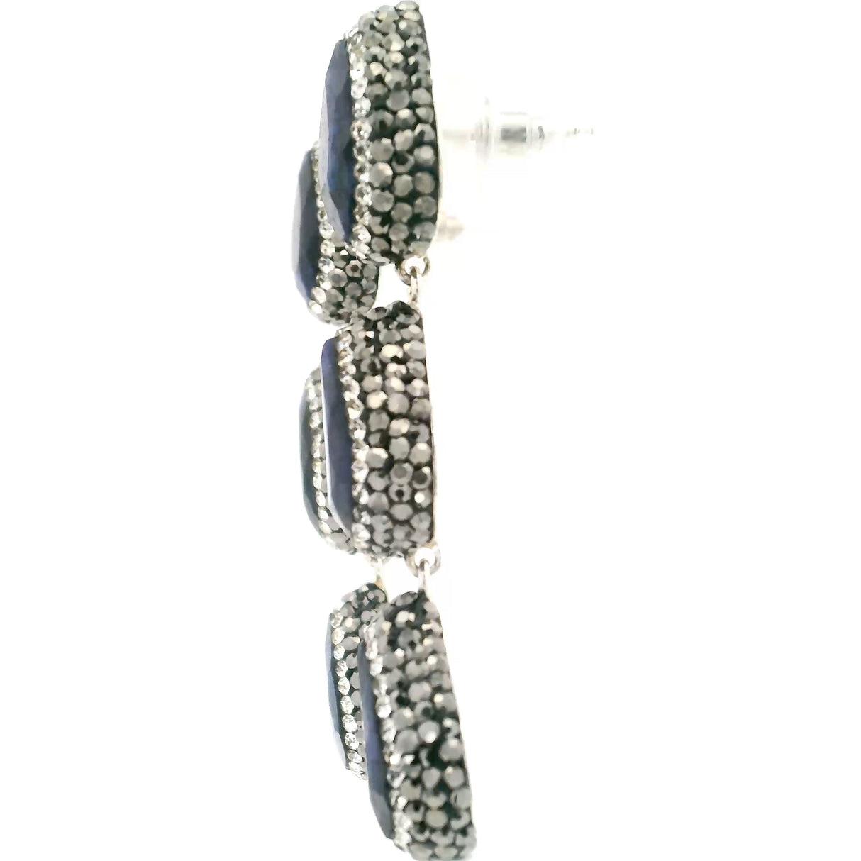 Blue Sapphire Dangle Earrings On-post - 3 Faceted Pears With Marcasite & Silver Crystals