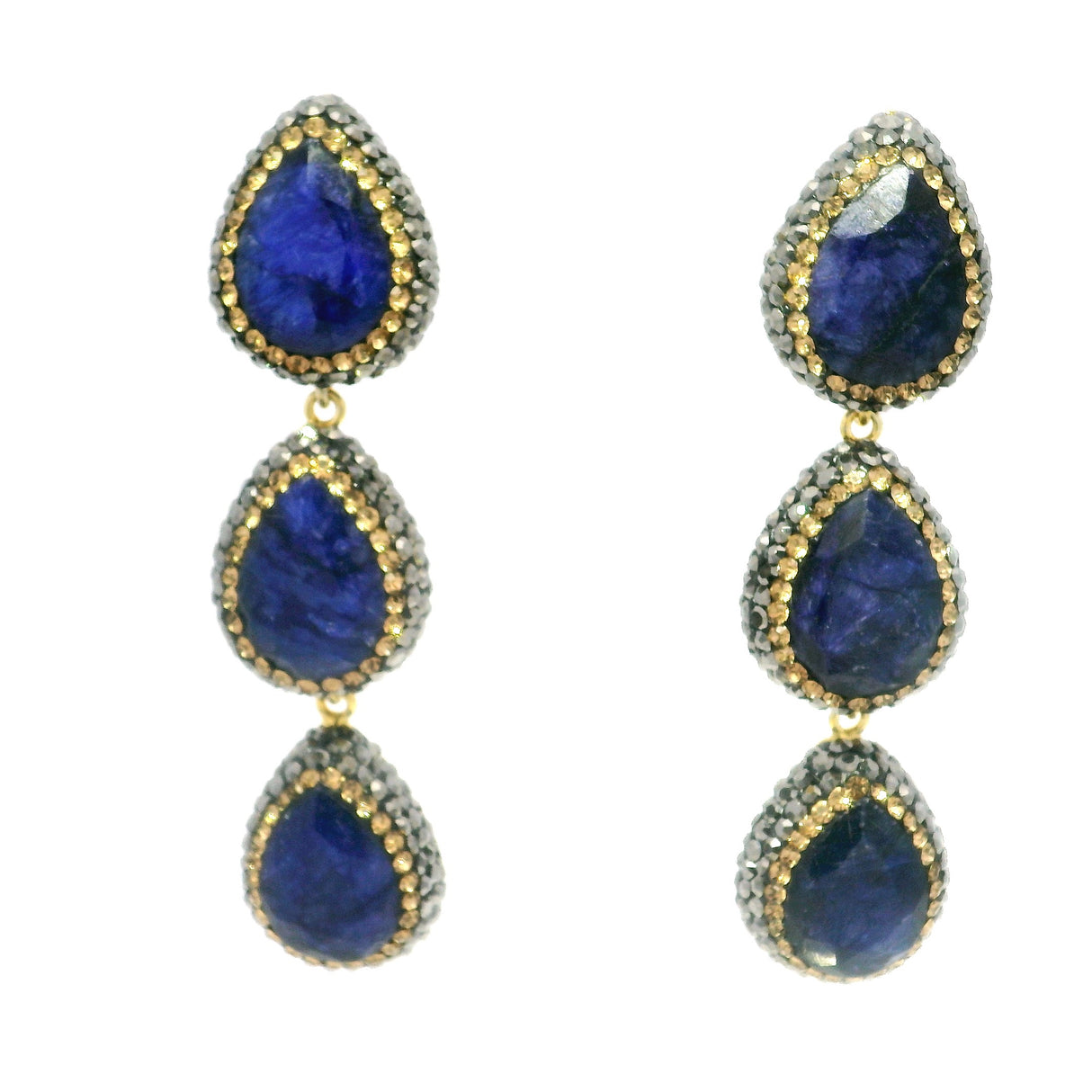 Blue Sapphire Dangle Earrings On-post - 3 Faceted Pears With Marcasite & Gold Swarovski Crystals & Gold Overlay