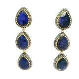 Blue Sapphire Dangle Earrings On-post - 3 Faceted Pears With Marcasite & Gold Swarovski Crystals & Gold Overlay