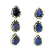 Blue Sapphire Dangle Earrings On-post - 3 Faceted Pears With Marcasite & Gold Swarovski Crystals & Gold Overlay