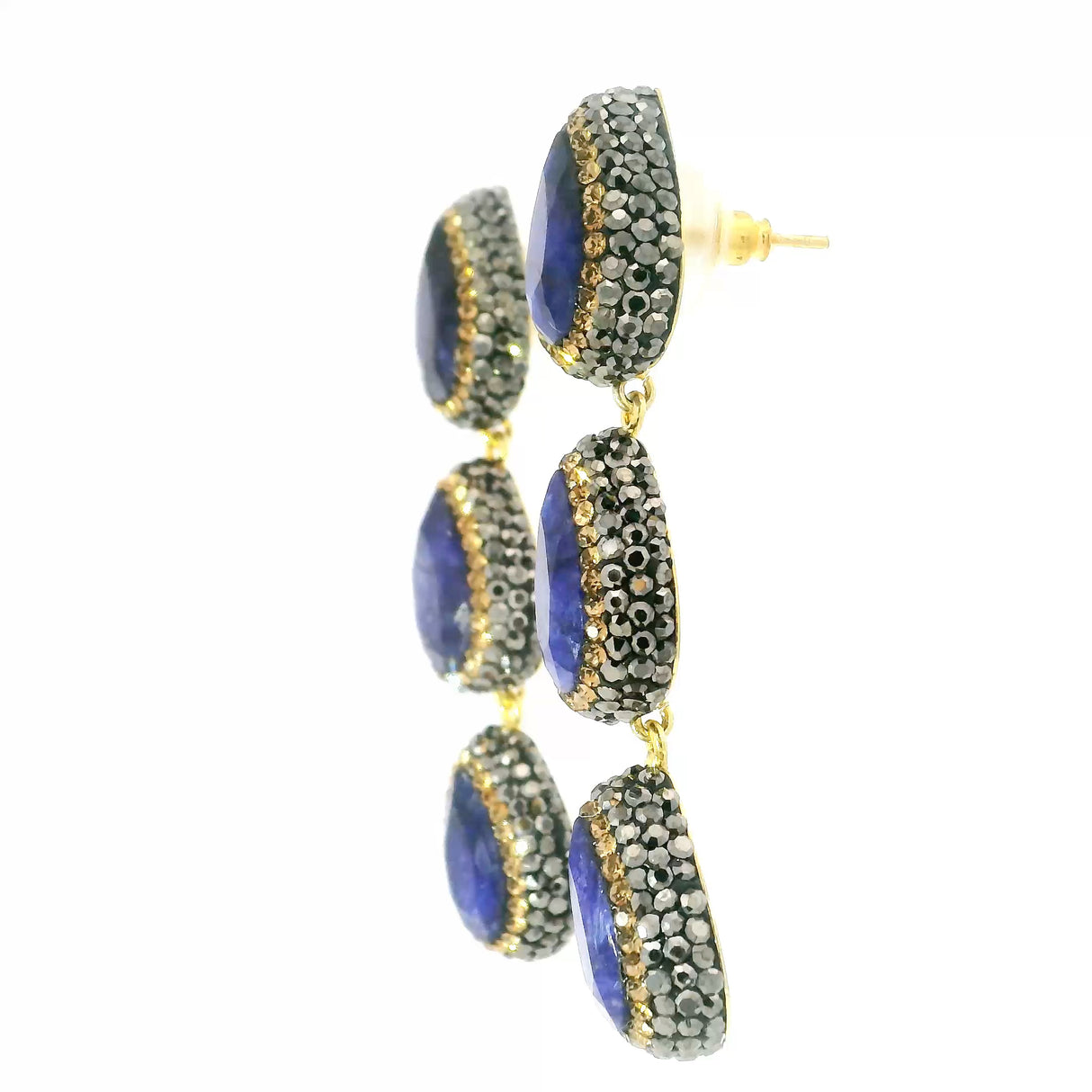 Blue Sapphire Dangle Earrings On-post - 3 Faceted Pears With Marcasite & Gold Swarovski Crystals & Gold Overlay