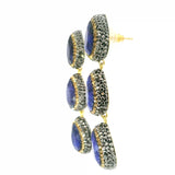 Blue Sapphire Dangle Earrings On-post - 3 Faceted Pears With Marcasite & Gold Swarovski Crystals & Gold Overlay