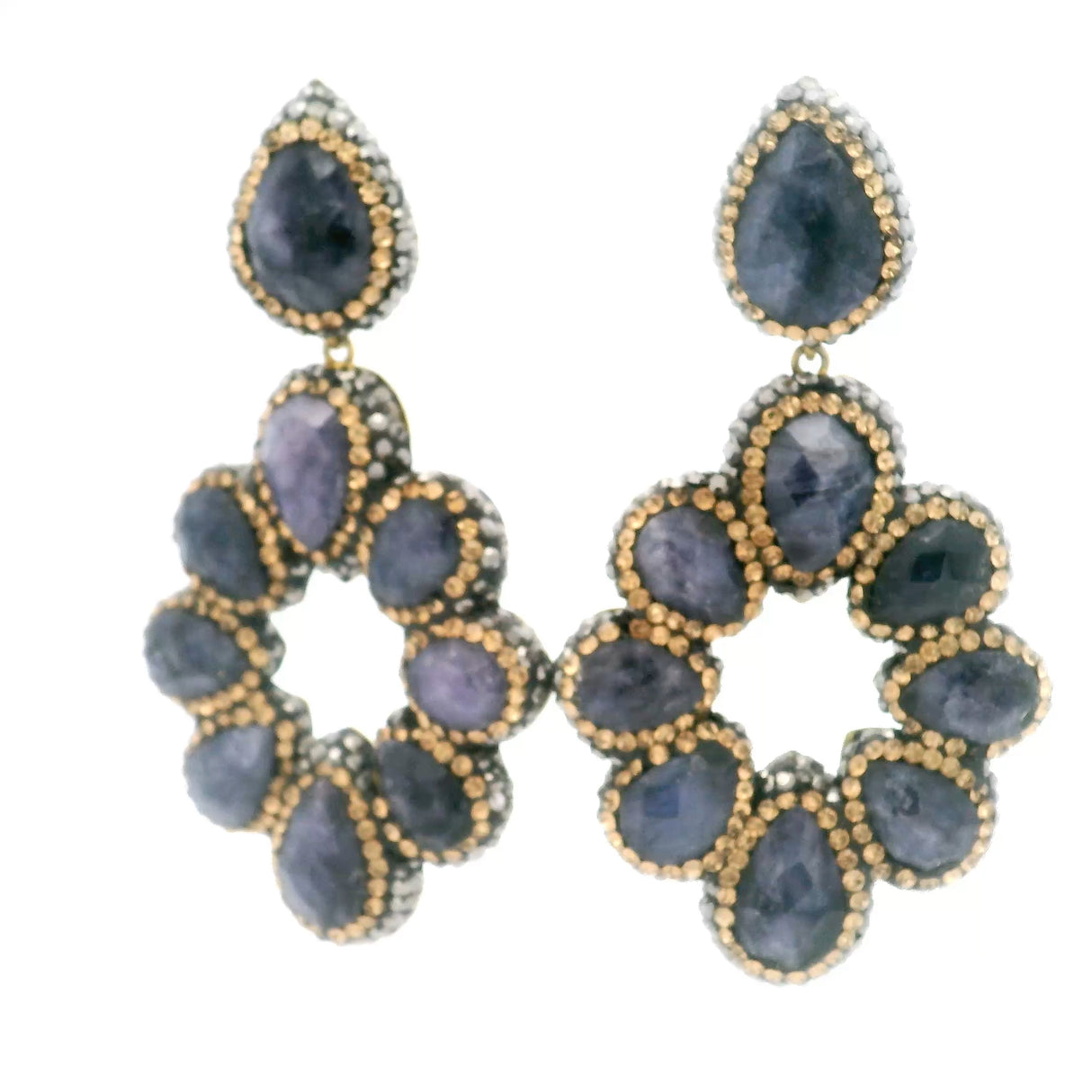 Blue Sapphire Dangle Earrings On-post - 9 Faceted Pears With Marcasite & Gold Swarovski Crystals & Gold Overlay
