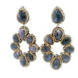 Blue Sapphire Dangle Earrings On-post - 9 Faceted Pears With Marcasite & Gold Swarovski Crystals & Gold Overlay