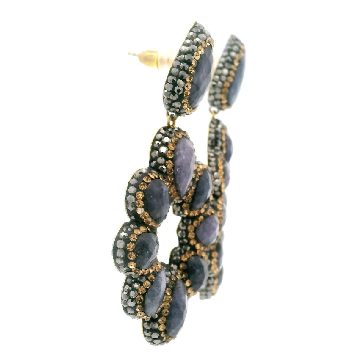 Blue Sapphire Dangle Earrings On-post - 9 Faceted Pears With Marcasite & Gold Swarovski Crystals & Gold Overlay