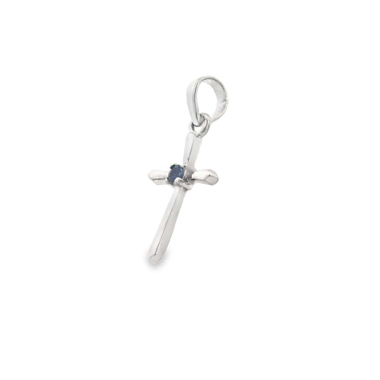 Blue Sapphire Pendant - Dainty 925 Sterling Silver Cross with Faceted Round in Center