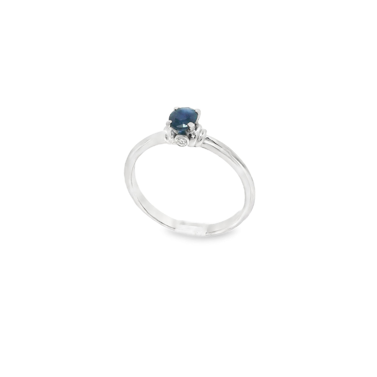 Faceted Blue Sapphire Ring - Oval Prong Set on 925 Sterling Silver Bezel Set with 2 White CZ Crystals on Tapered Band sz9