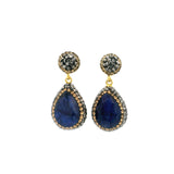 Blue Sapphire Set (Necklace; Earrings; Ring) 9 Simple Faceted Pears With Marcasite & Gold Swarovski Crystals & Gold Overlay With Single Pear Earrings & Adjustable Double Band Ring Szadj