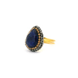 Blue Sapphire Set (Necklace; Earrings; Ring) 9 Simple Faceted Pears With Marcasite & Gold Swarovski Crystals & Gold Overlay With Single Pear Earrings & Adjustable Double Band Ring Szadj