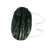 Black Tourmaline Specimen Classic Large Double Row Open Back Silver Cuff - Simple Bezel Set - Oval