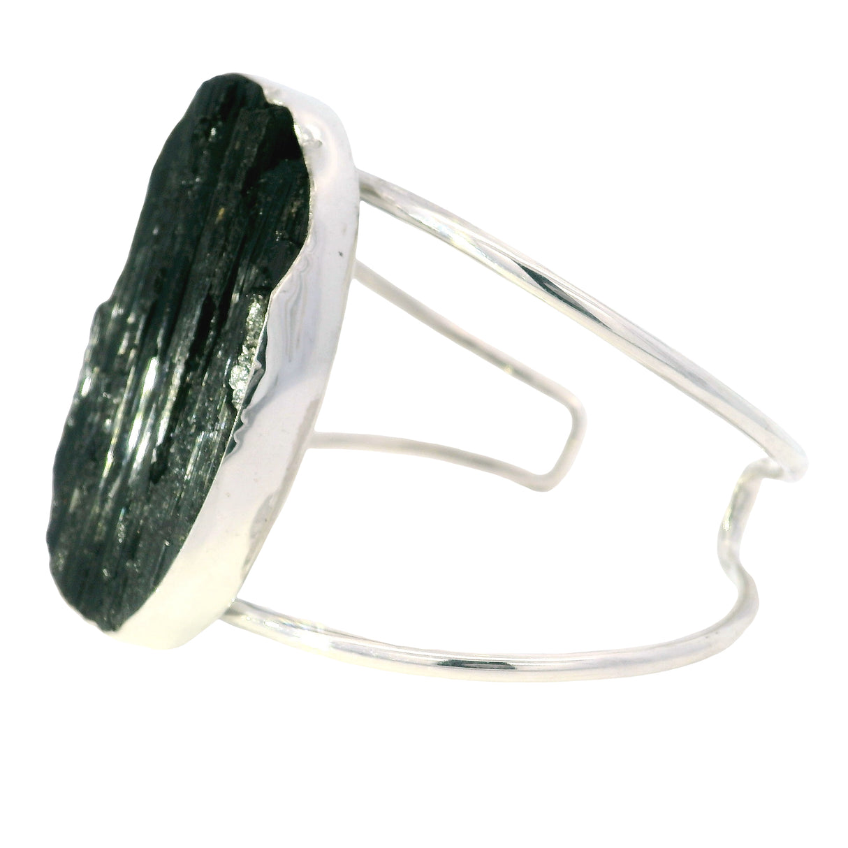 Black Tourmaline Specimen Classic Large Double Row Open Back Silver Cuff - Simple Bezel Set - Oval