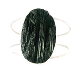 Black Tourmaline Specimen Classic Large Double Row Open Back Silver Cuff - Simple Bezel Set - Oval