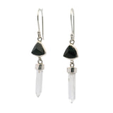 Black Tourmaline Triangle Dangle Earrings with Hanging Quartz Points Set in 925 Sterling Silver