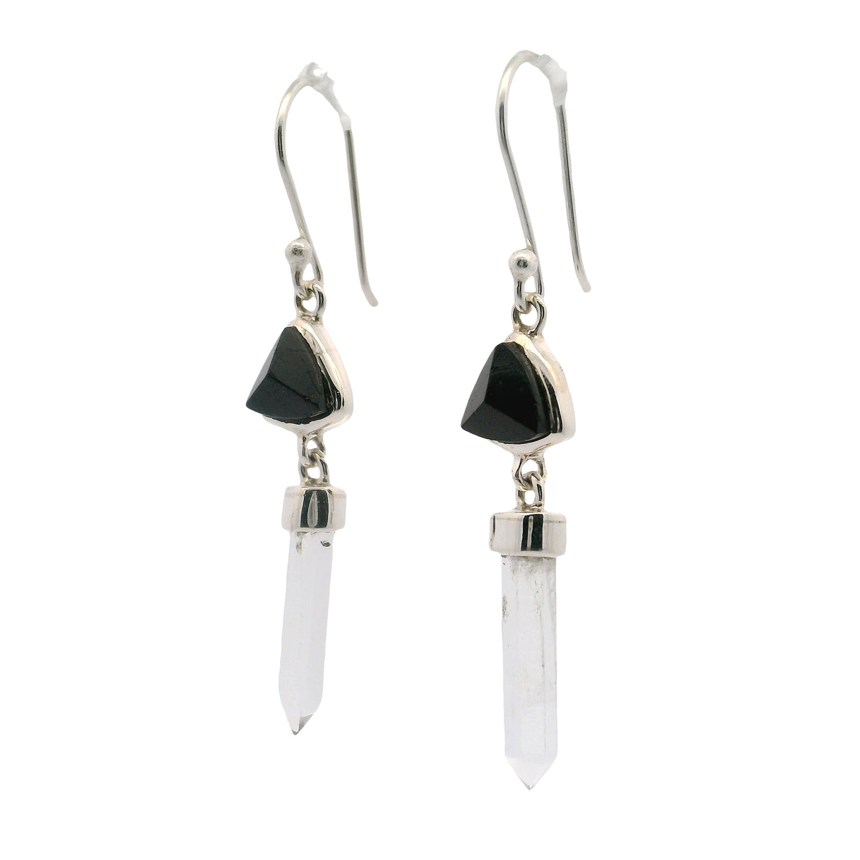Black Tourmaline Triangle Dangle Earrings with Hanging Quartz Points Set in 925 Sterling Silver