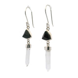 Black Tourmaline Triangle Dangle Earrings with Hanging Quartz Points Set in 925 Sterling Silver