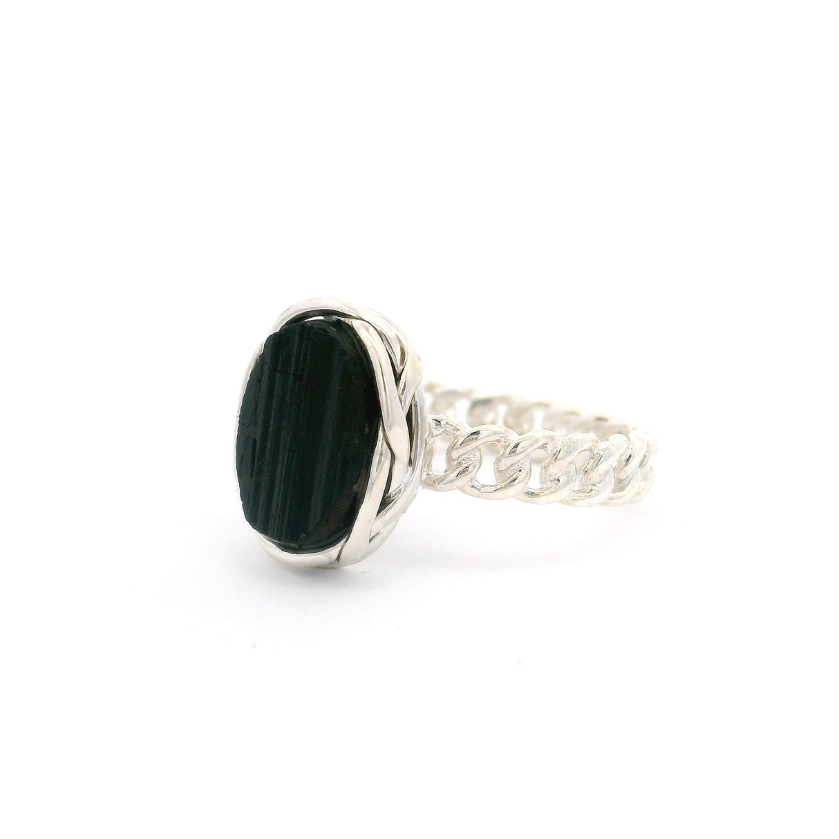 Black Tourmaline Rough Oval Ring with Chain Band Bezel Set in 925 Sterling Silver sz8