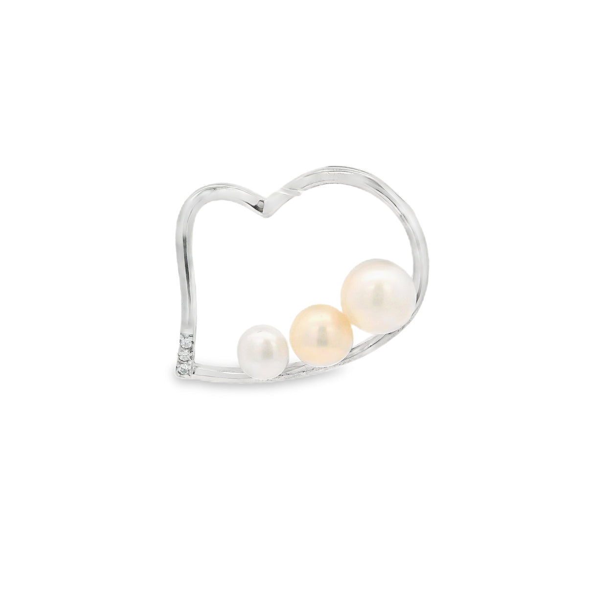 Freshwater Pearl Three Pearls With Swarovski Crystals On Silver Heart Slide Pendant