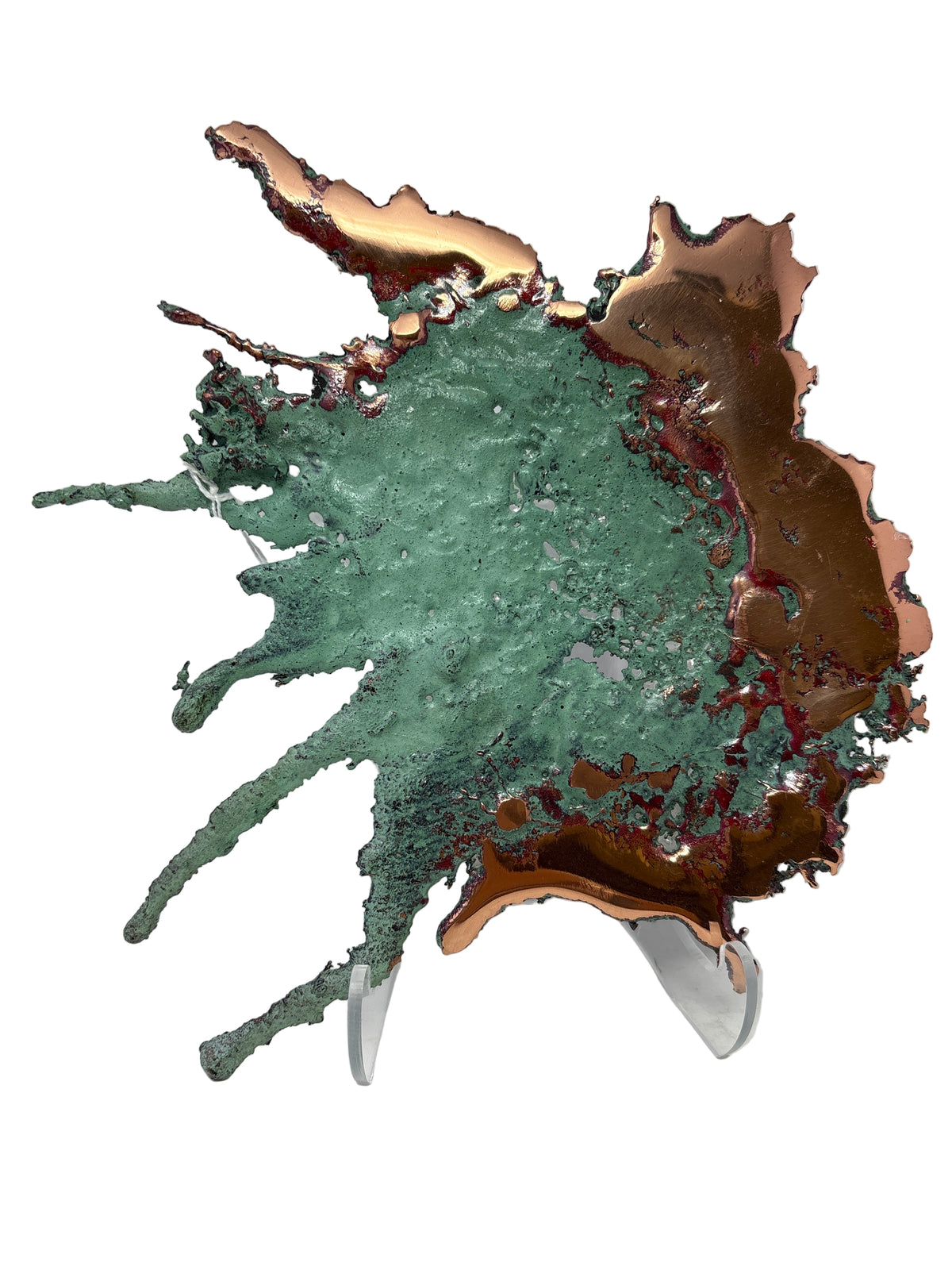 Michigan Splash Copper stood upright, wide green patina field framed by bright copper along one edge