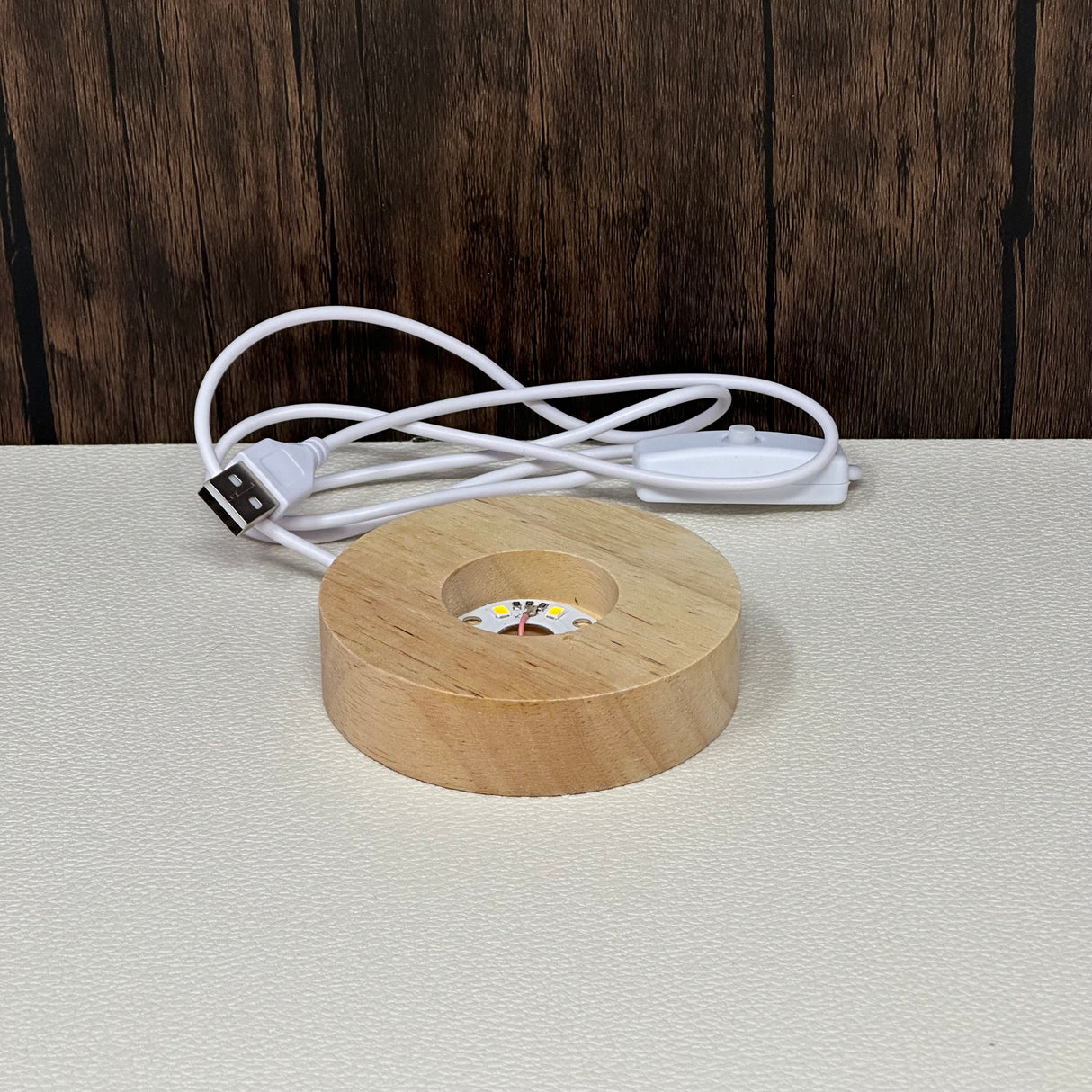 Small Wooden Light Base -  Round with Warm Light & USB plug