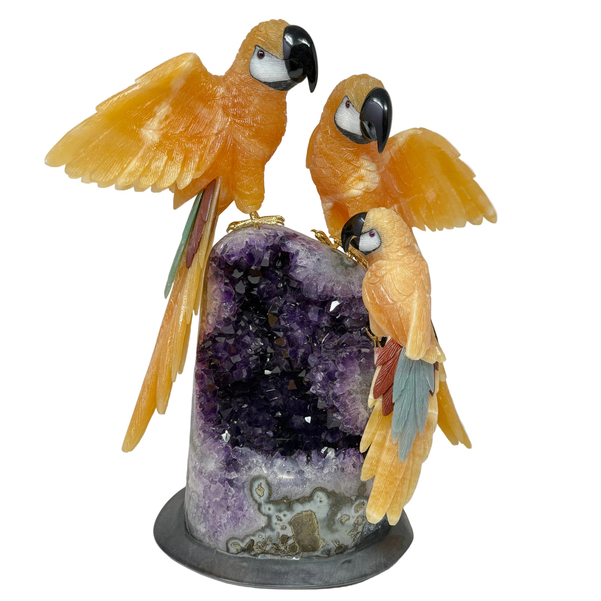 Three Calcite Macaws Perched on Amethyst Geode Base on Black Marble -Tail Feathers of Red Jasper Tigers Eye & Aventurine