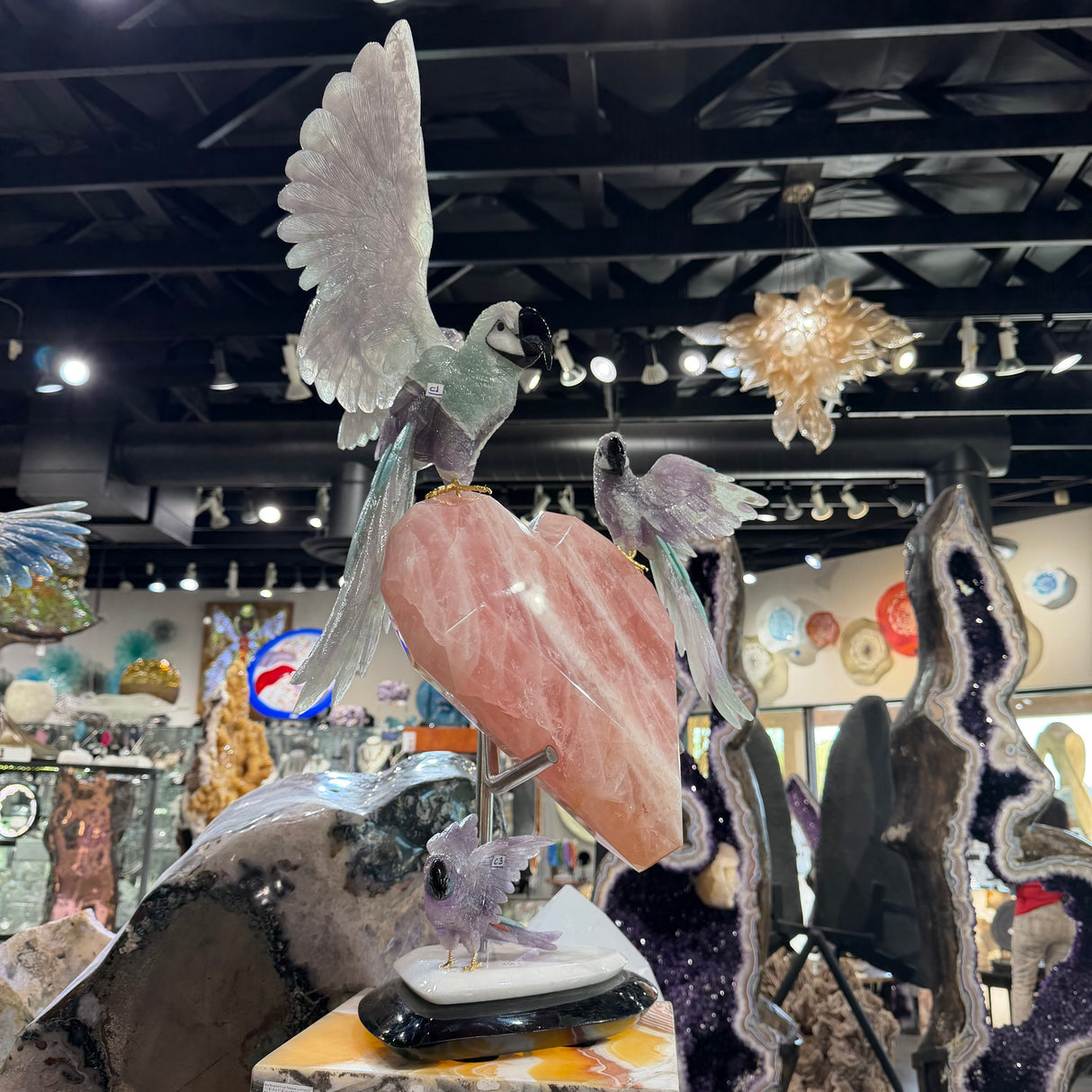 Exquisite Rainbow Fluorite Macaw Trio Perched on Faceted Rose Quartz Heart on Dolomite & Obsidain Base - Tail Feathers of Amazoite & Red Jasper