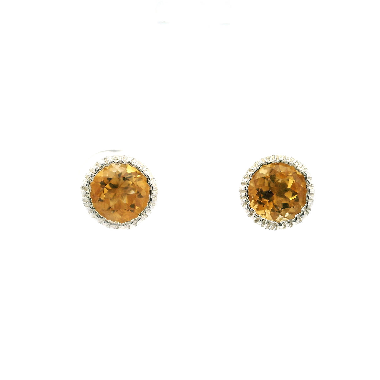 Faceted Citrine Round Stud Earrings with Fancy Bezel in 925 Sterling Silver