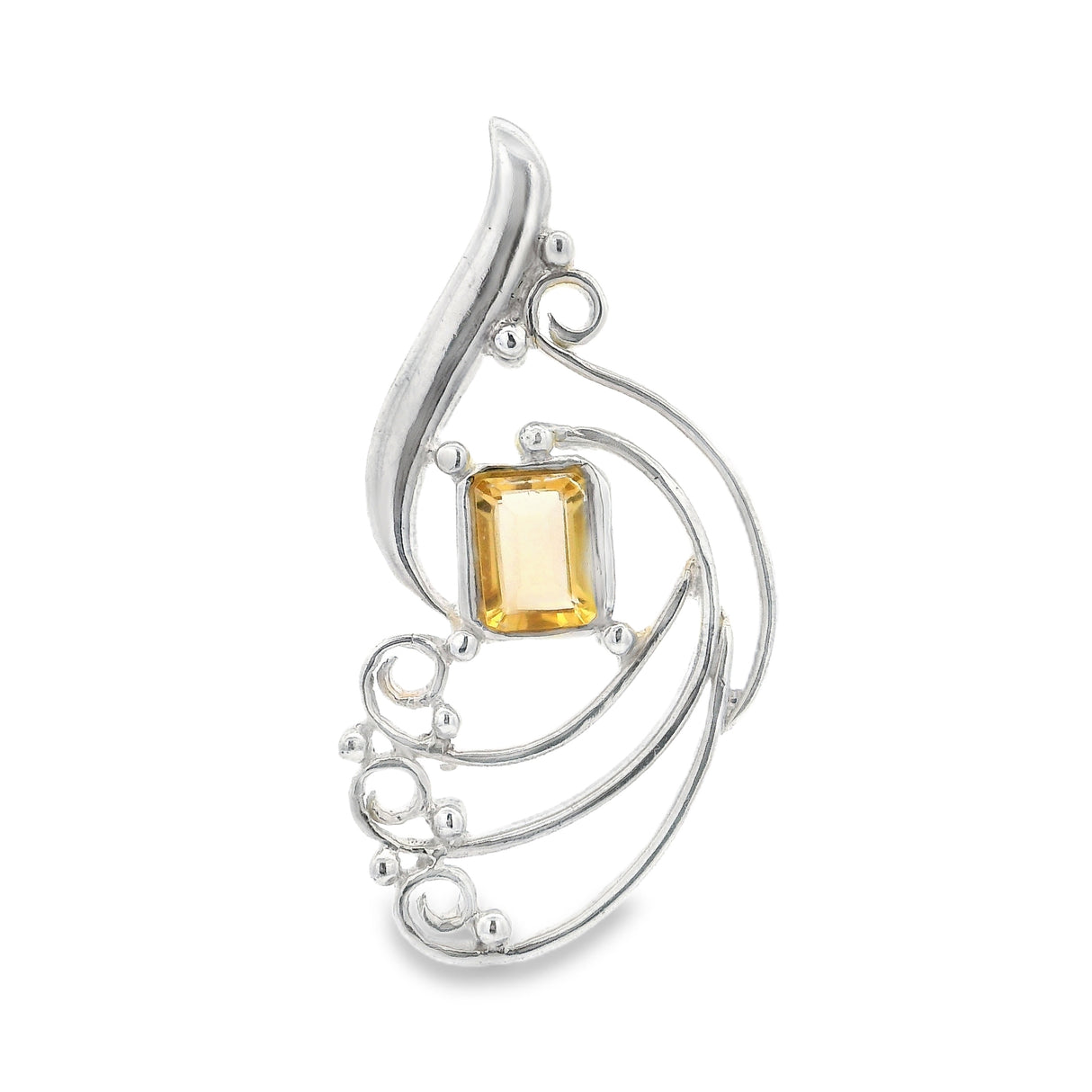 Pendentif Citrine Facettée - Coupe Émeraude Sertie Dans Une Vague Argentée Avec Tourbillons Et Forme En S Perlée