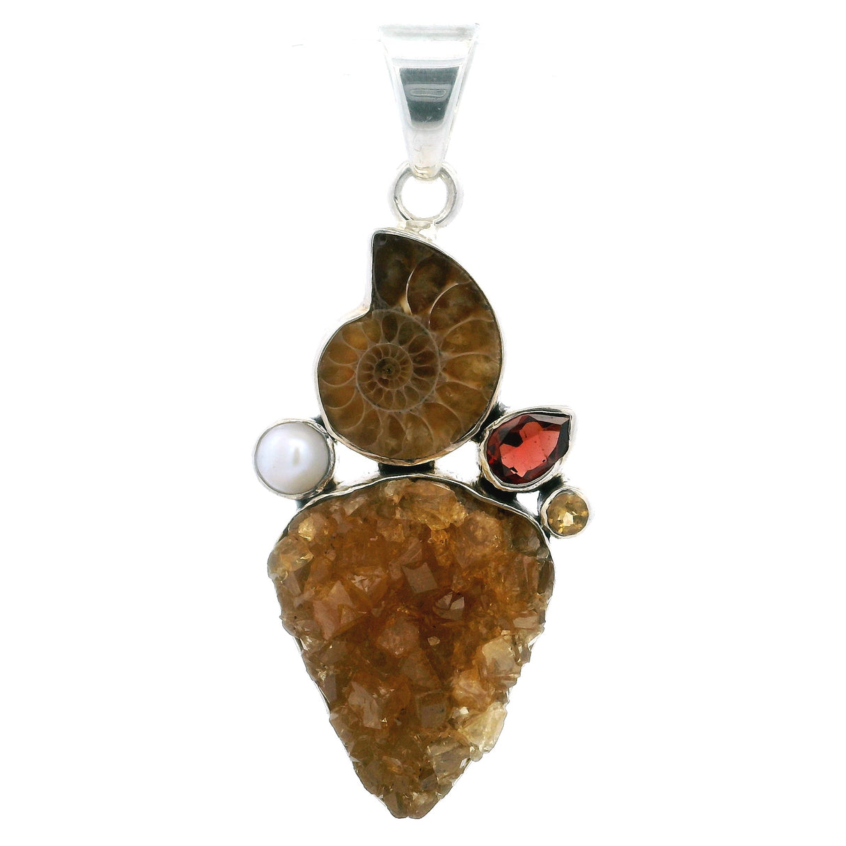 Citrine Druze Pendant - Freeform Druze Cluster With Ammonite Faceted - Garnet - Freshwater Pearl & Faceted Citrine With 925 Sterling Silver