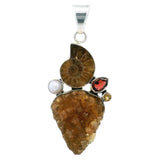 Citrine Druze Pendant - Freeform Druze Cluster With Ammonite Faceted - Garnet - Freshwater Pearl & Faceted Citrine With 925 Sterling Silver